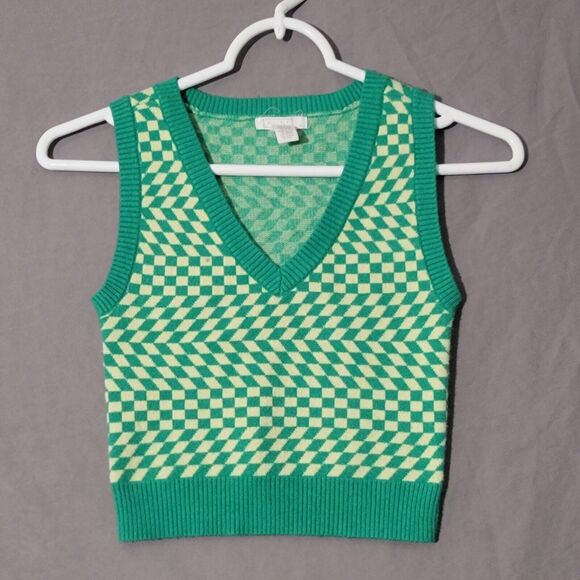 FULL TILT Wavy Checkerboard Womens Vest Size XS Green Pastel Yellow Y2K Punk - Picture 1 of 9
